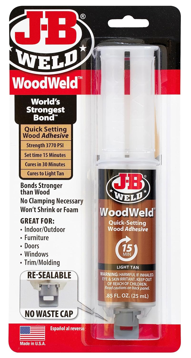 J-B Weld WoodWeld epoxy for furniture repairs and woodworking